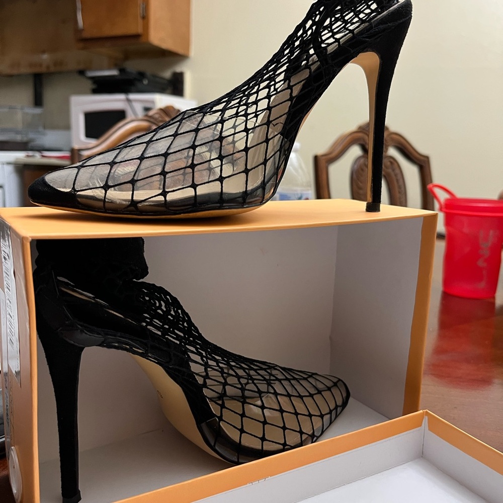 Black Fishnet Slingback Pointed Toe Heels - Picture 6 of 6
